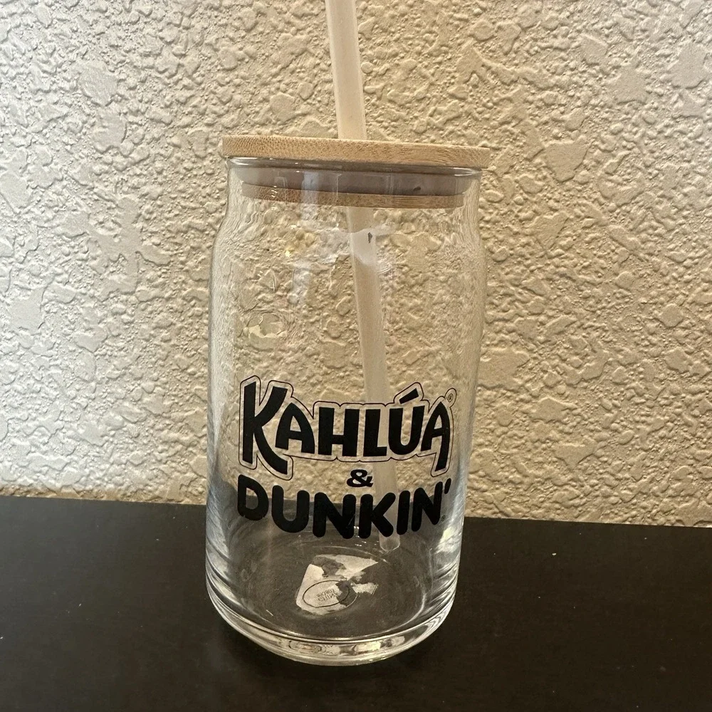 Kahlua‎ And Dunkin Glass Coffee Tumbler iced cup with lid and straw clear